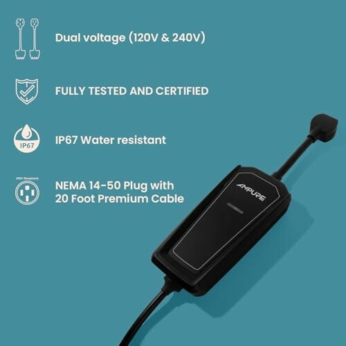 Ampere dual voltage cable with certifications and features listed.