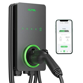 Autel electric vehicle charger with app interface displayed on smartphone.