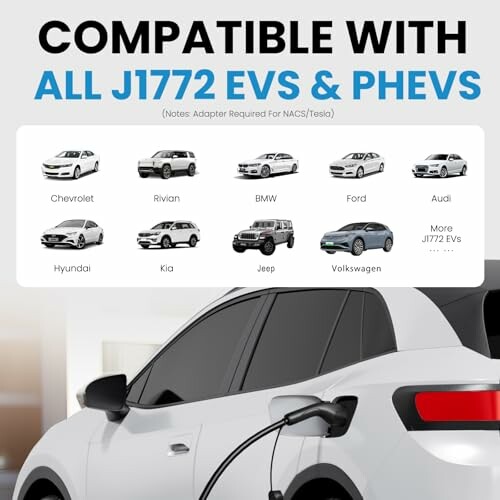 Electric vehicle charging with compatibility for various brands including Chevrolet, Rivian, BMW, Ford, Audi, Hyundai, Kia, Jeep, Volkswagen.