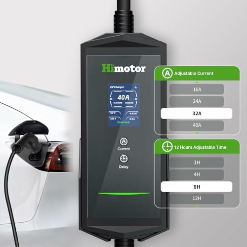 Electric vehicle charger control panel with adjustable current and time settings.
