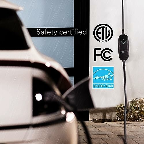 Electric car charging station with safety certifications logos.