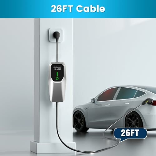 Electric car charging at a station with a 26-foot cable.