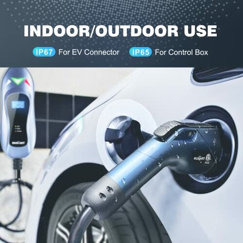 EV charging station with connector plugged into a car.