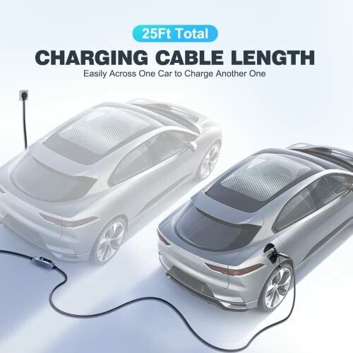 Two electric cars connected by a long charging cable.