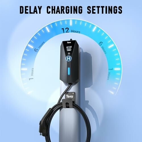 Electric vehicle charger with delay charging settings feature.
