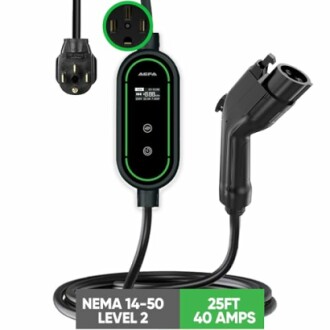 Electric vehicle charger with NEMA 14-50 plug, 25ft cable, and 40 amps capacity.