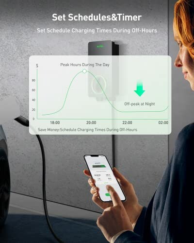 Person setting schedule on phone for electric vehicle charging during off-peak hours.