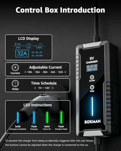 EV charger control box with adjustable current and LED instructions.