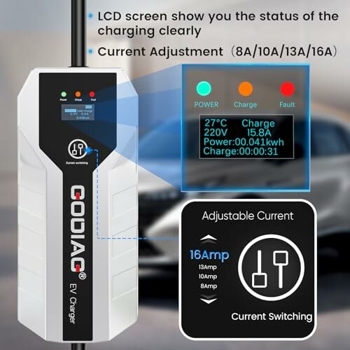 EV charger with current adjustment and LCD screen display.