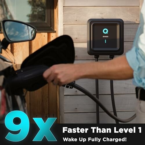 Person plugging in an EV charger with '9x Faster Than Level 1' text.