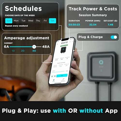 EV charging app interface showing schedule settings and power cost tracking.