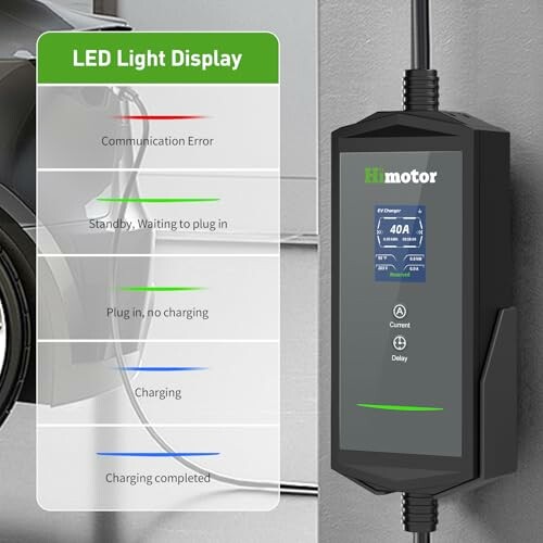 EV charger with LED light display showing status messages.