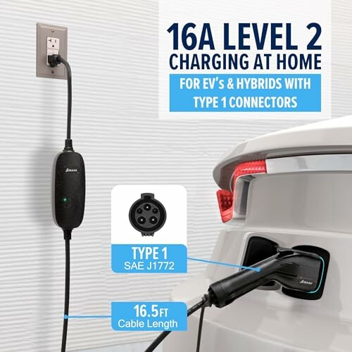 Electric vehicle charging at home with Level 2 charger, Type 1 connector.