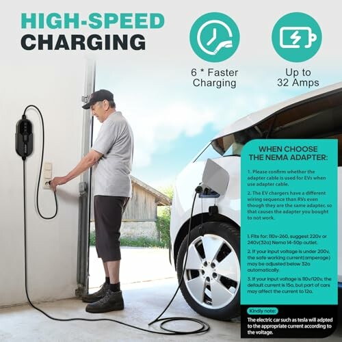 Person charging electric vehicle with high-speed charger and adapter instructions.