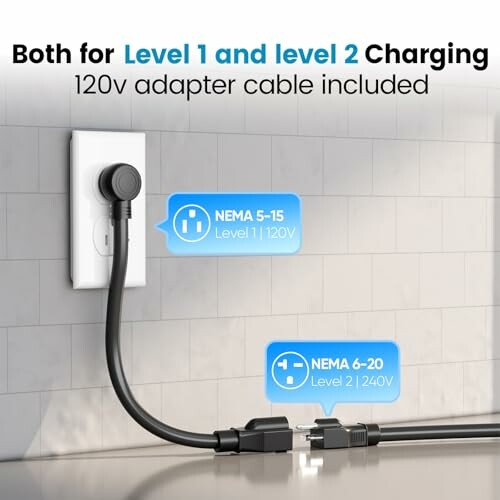 Electrical adapter cable for Level 1 and Level 2 charging with 120v and 240v plugs.