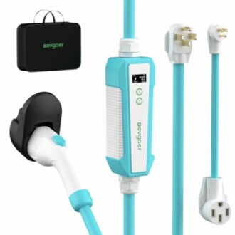 Portable EV charger with blue cable and carrying case.