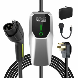 Portable EV charger with cables and adapter set.