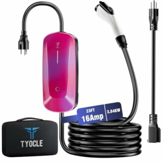 Portable EV charger with cables and storage case.