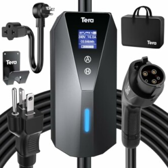 Tera EV charger kit with cables, connectors, and carrying case.