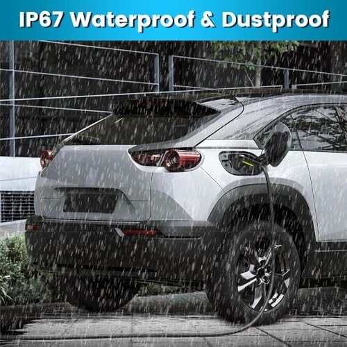 Car charging in rain with IP67 waterproof and dustproof protection.